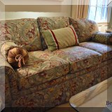 F24. Tapestry fabric custom upholstered sofa. 32&rdquo;h x 83&rdquo;w x 36&rdquo;d 